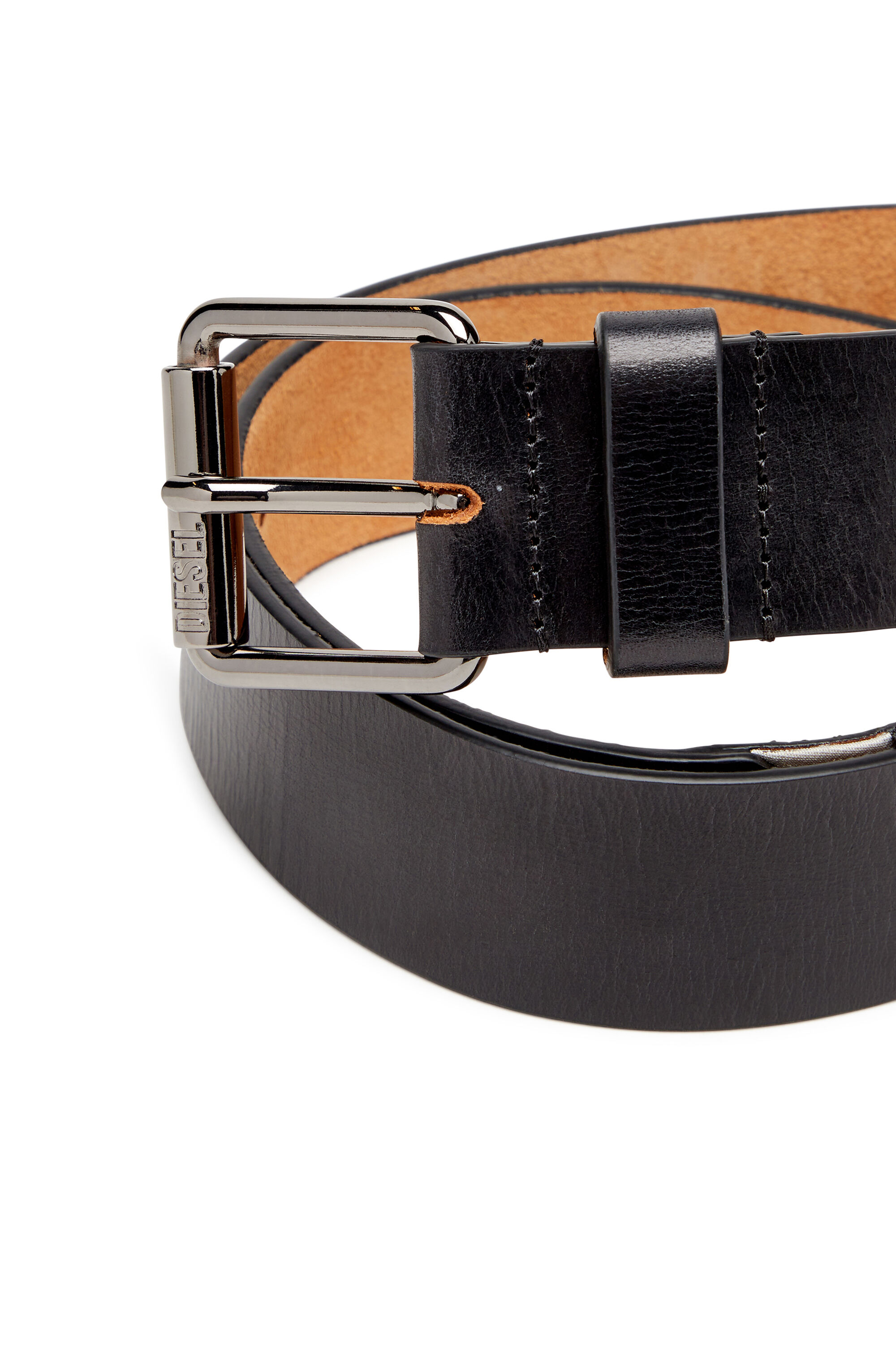 Diesel - B-FLAG, Man's 4cm Leather belt with fifth pocket logo flag in Black - 3