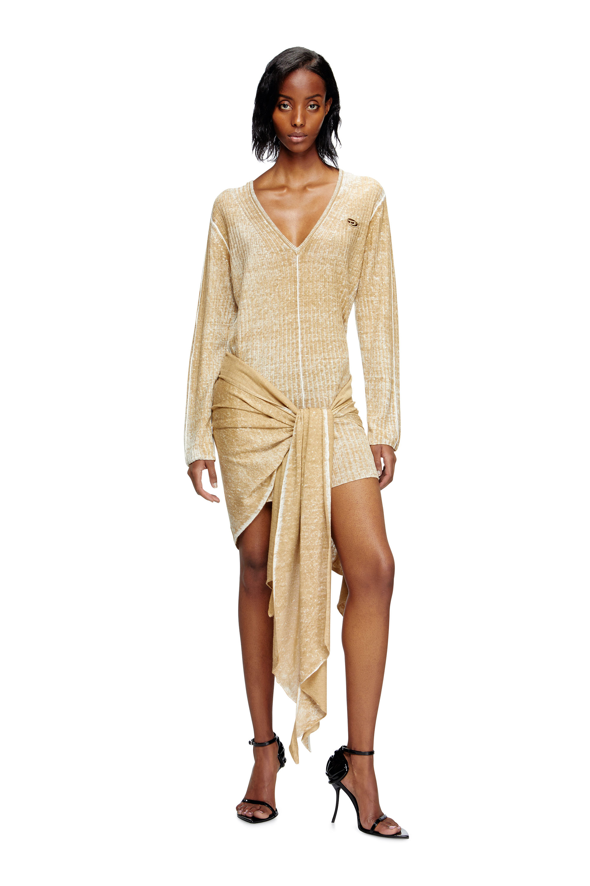 Diesel - M-EGAKNOT, Woman's Knitted dress with hip tie in Light Brown - 2